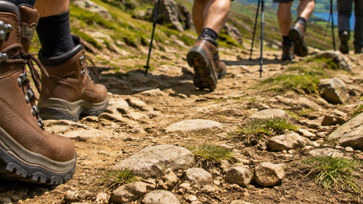 Flat lay of beginner hiking essentials including walking boots, backpack, waterproof jacket, water bottle and map.