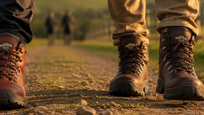 Man wearing Northwest Territory waterproof leather walking boots on a countryside trail during golden hour