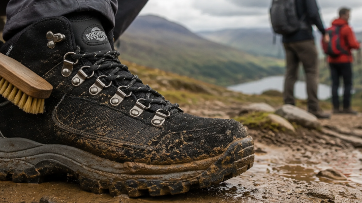 Muddy leather walking boots being cleaned after a countryside walk as part of regular walking boot care and maintenance.