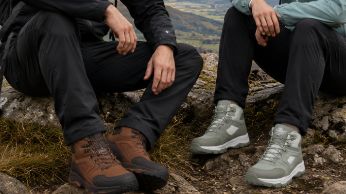 Couple wearing waterproof walking boots and hiking clothing while walking through the British countryside