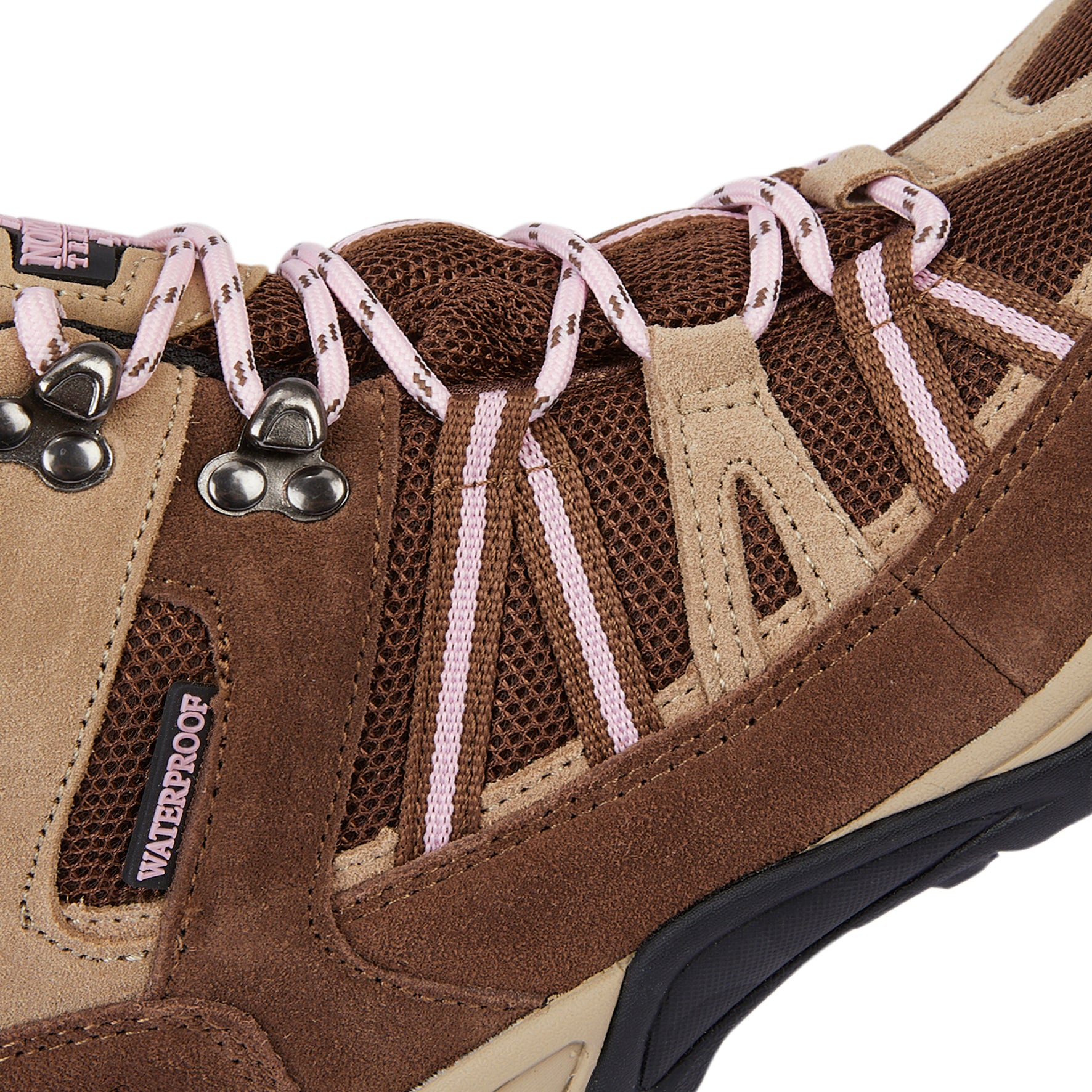 Detail of BROCK Brown women's walking boots highlighting the waterproof construction and premium suede leather upper