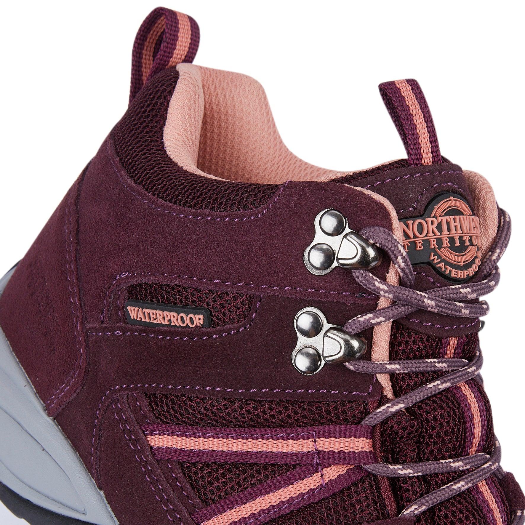 Detail of BROCK Purple women's walking boots highlighting the waterproof construction and suede leather upper.