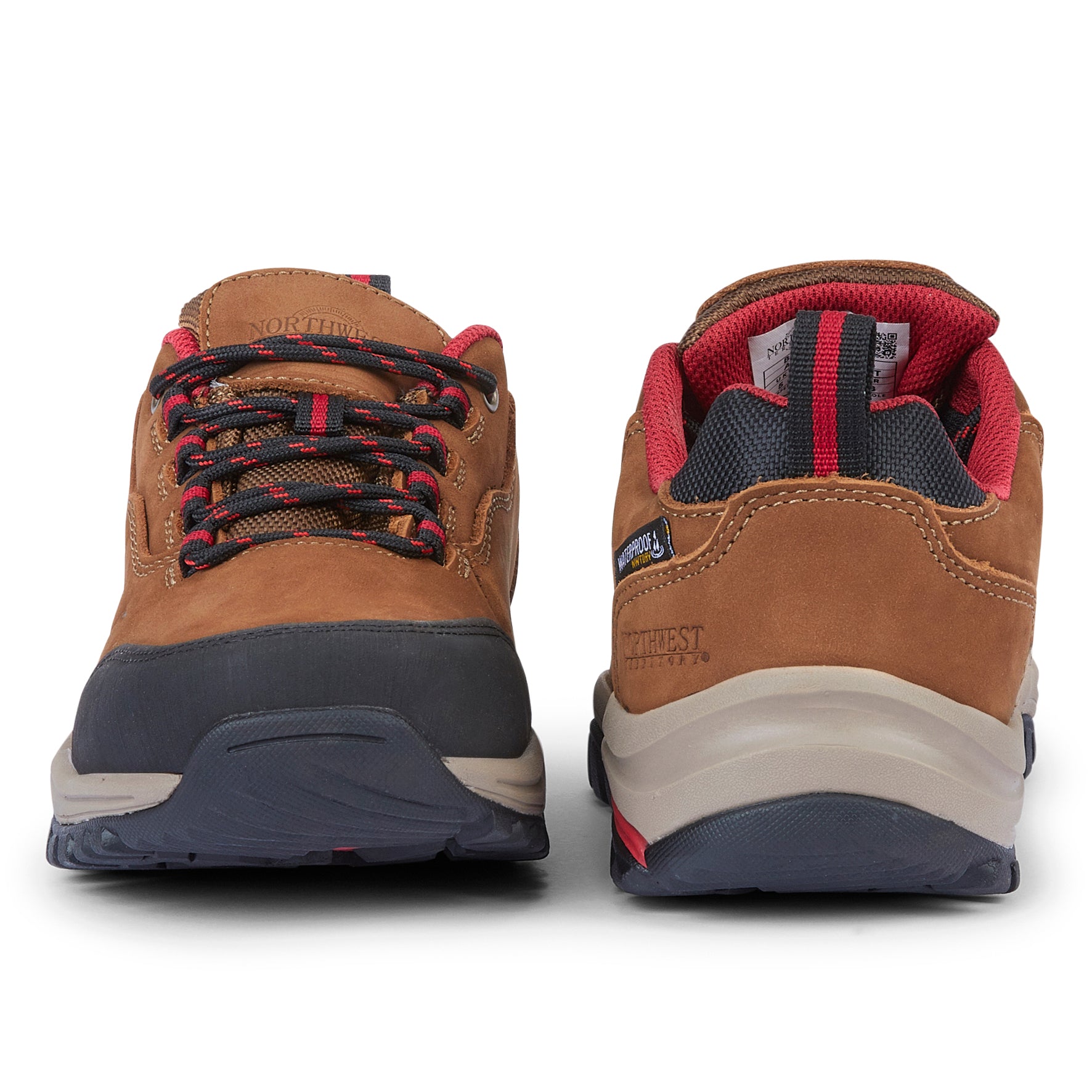 Front and back views of CHEVIOT Tan Nubuck waterproof walking shoes showing secure lacing, heel support and leather construction.