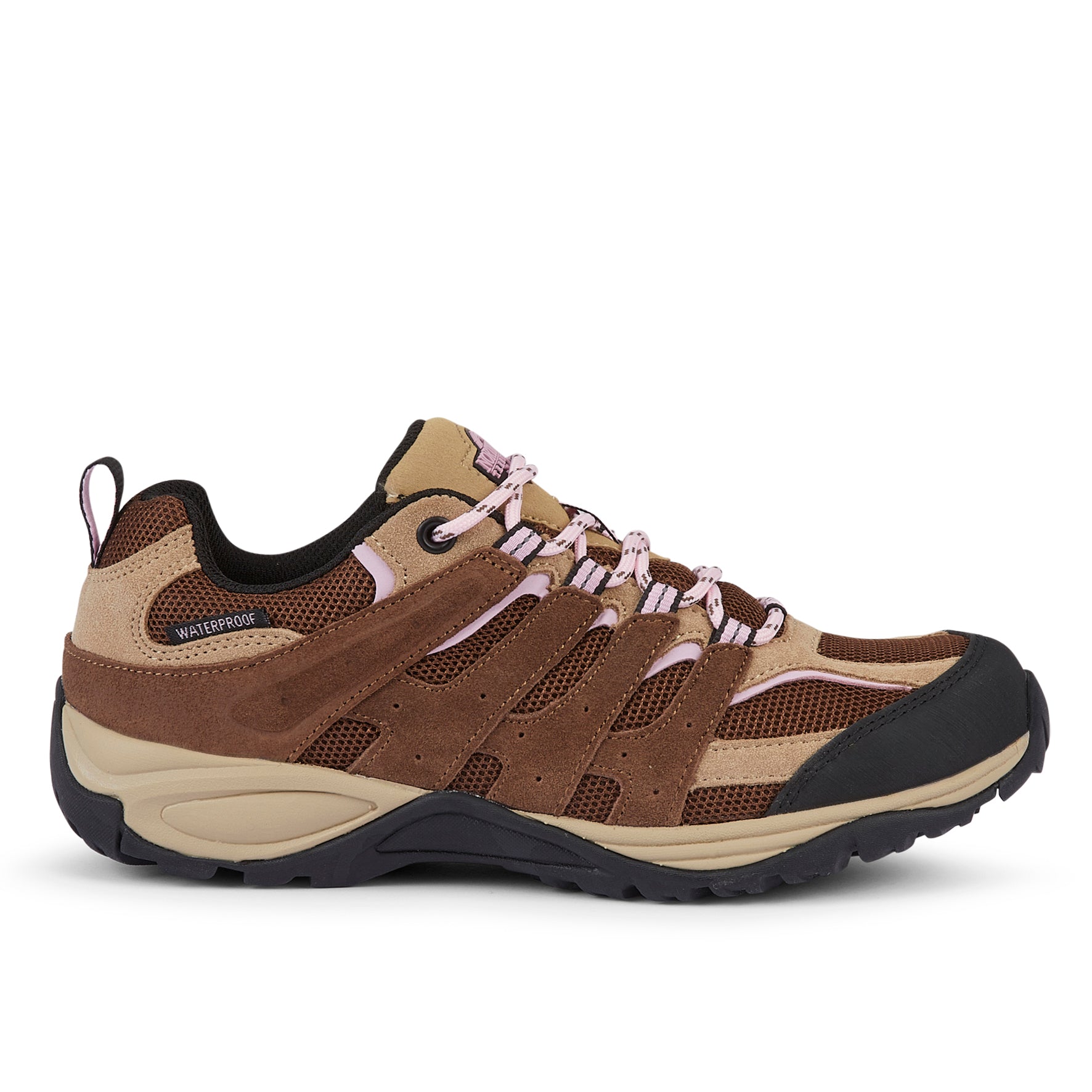 Side view of EDEN Brown women's waterproof walking shoes showing the suede leather upper, cushioned heel and supportive sole.