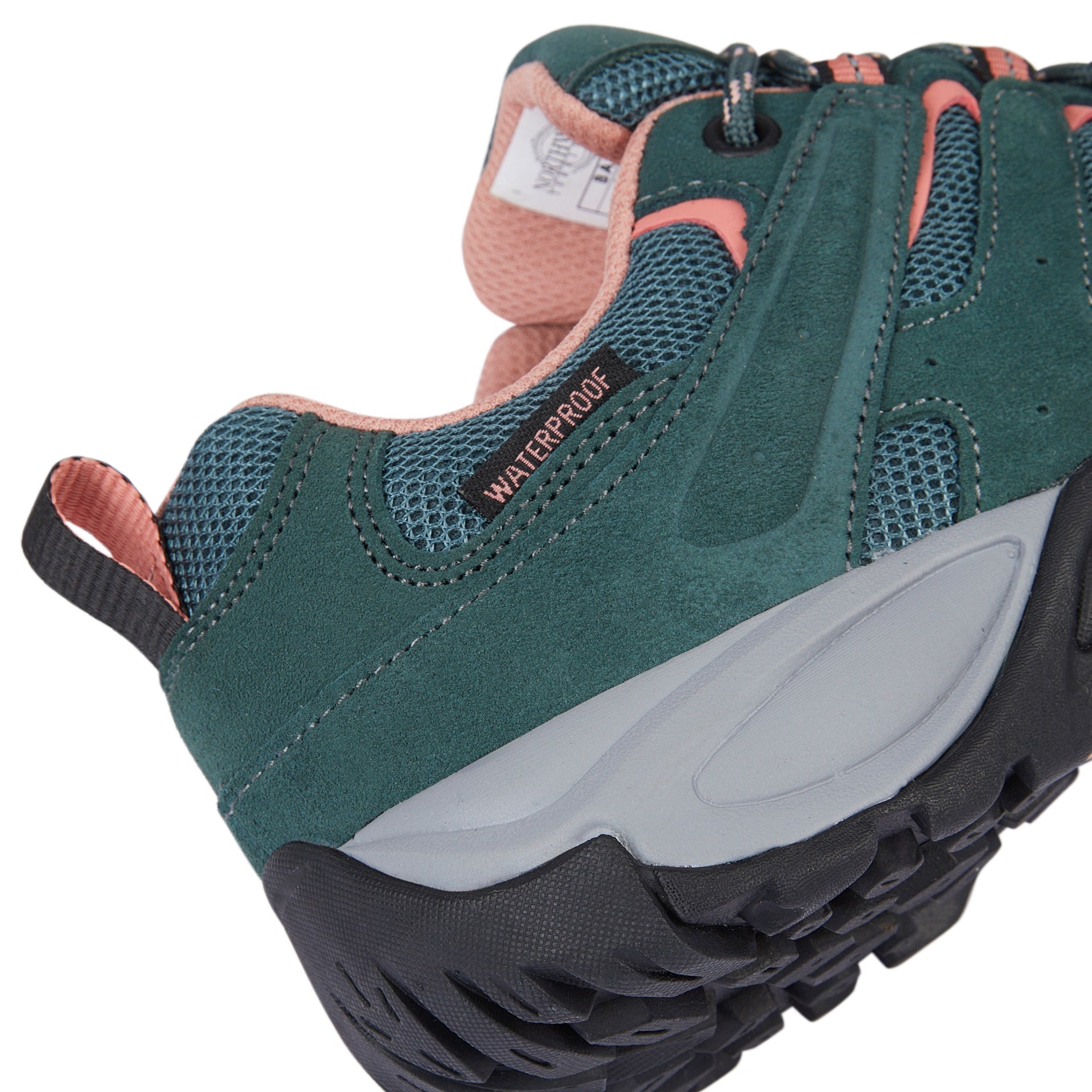 Detail of EDEN Turquoise women's walking shoes highlighting the waterproof construction and premium suede leather upper.