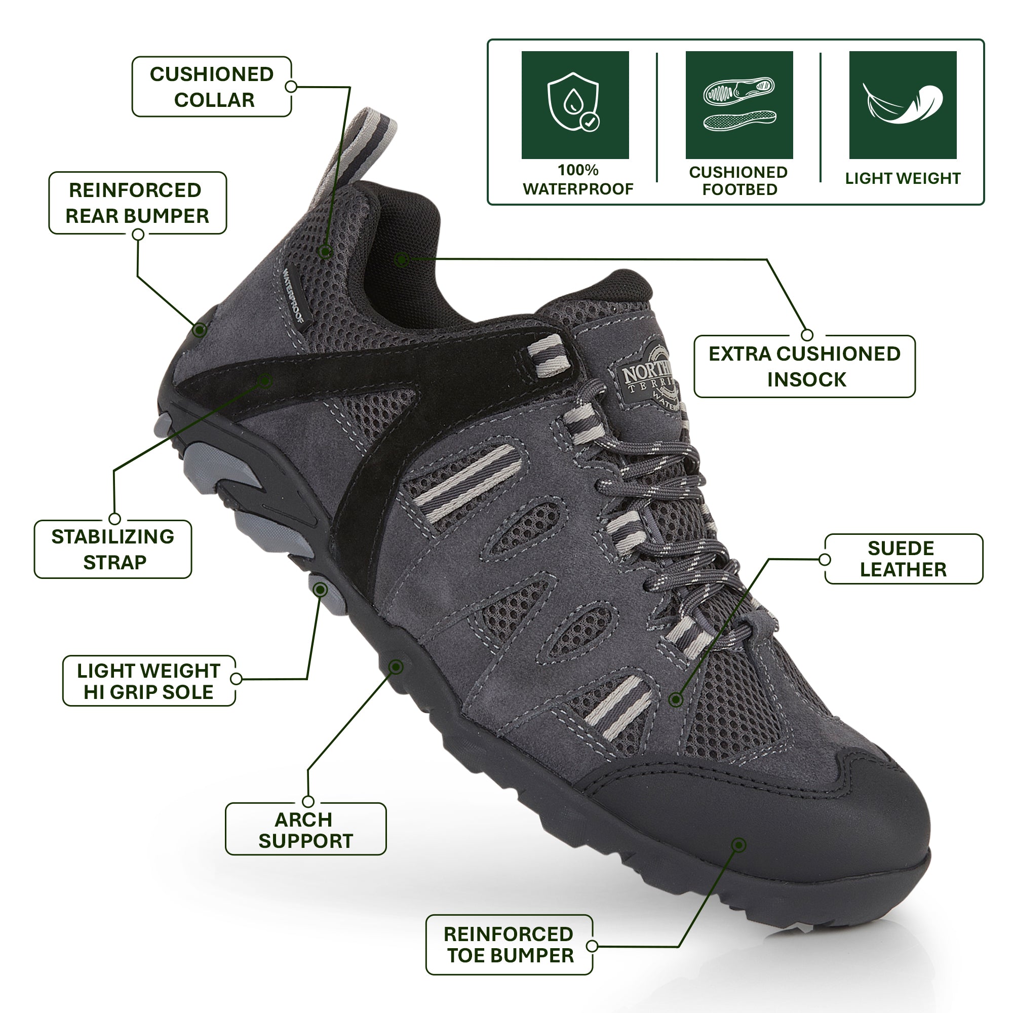 GLYDER men's suede leather waterproof walking shoes in graphite with lightweight cushioning and outdoor grip for walking and hiking across UK trails.