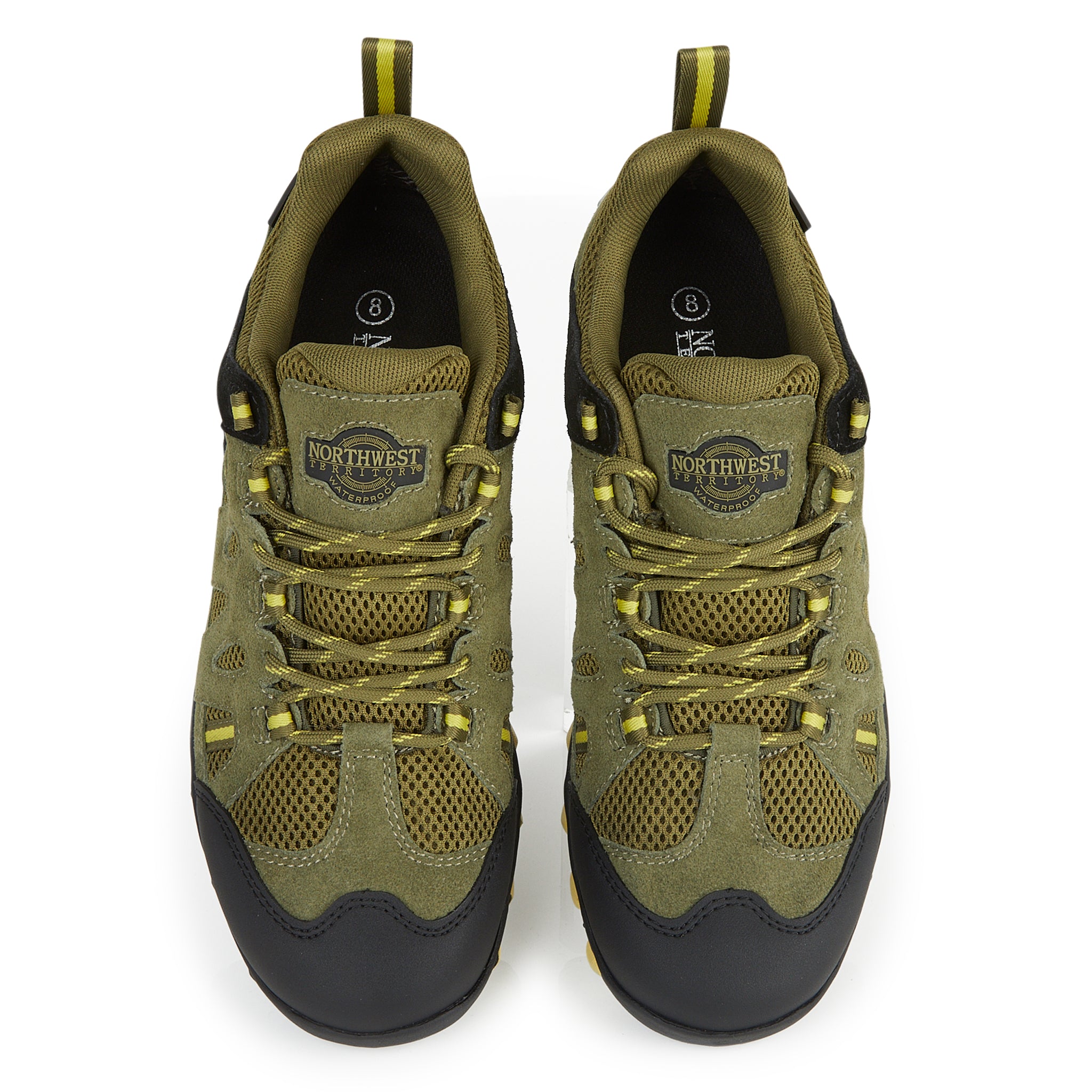 Front view of GLYDER Ranger Green waterproof walking shoes featuring secure lace fastening, cushioned collar and supportive fit.