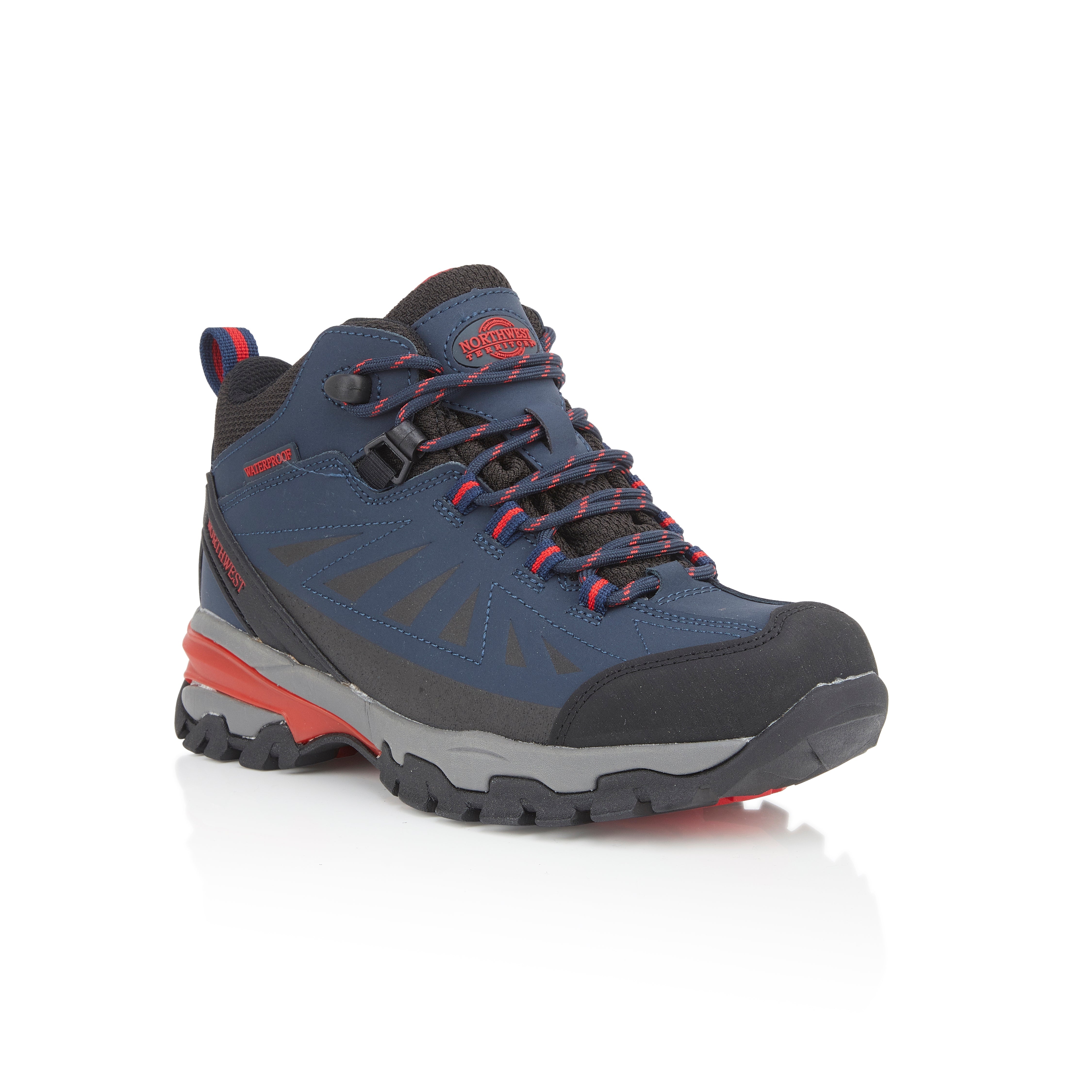 Keele High Navy and Red boots with a high-top design and robust support for hiking. Keele High Navy and Red boots with a high-top design and robust support for hiking.