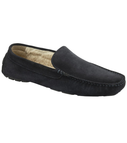 Men's Suede Leather Fleece Loafer Slippers - #colour_navy