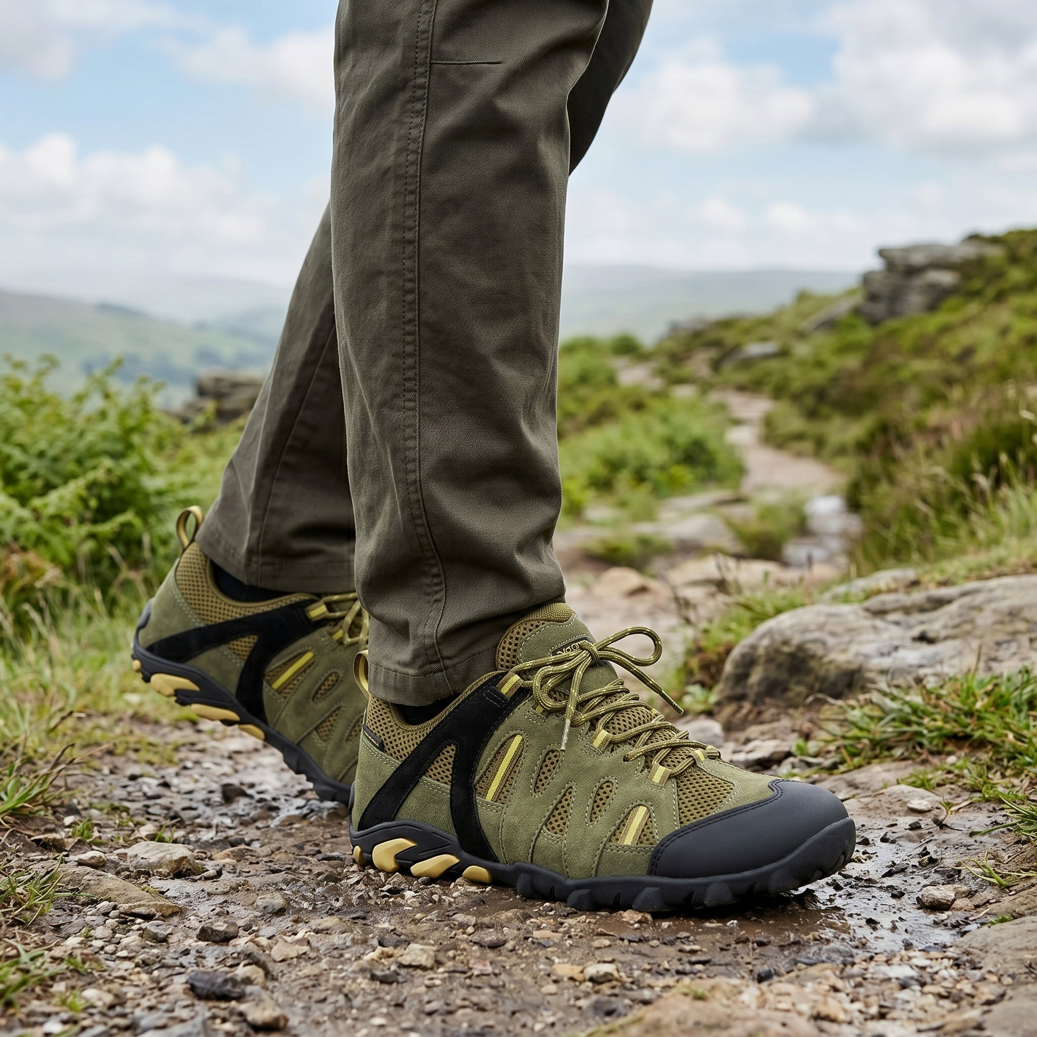 Man wearing GLYDER Ranger Green waterproof walking shoes while walking through the British countryside during summer.