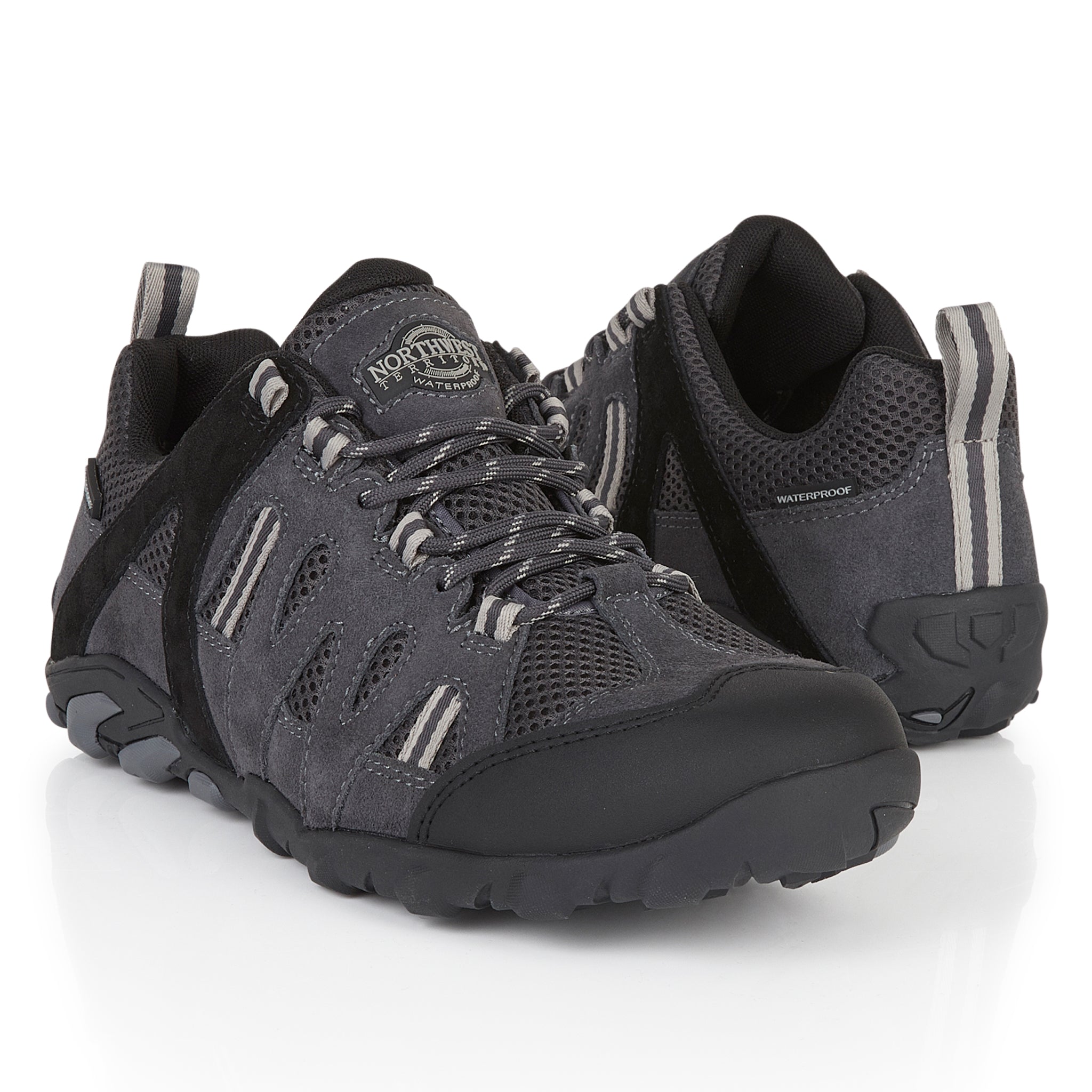 Close-up of premium suede leather, reinforced stitching and waterproof finish on GLYDER walking shoes.