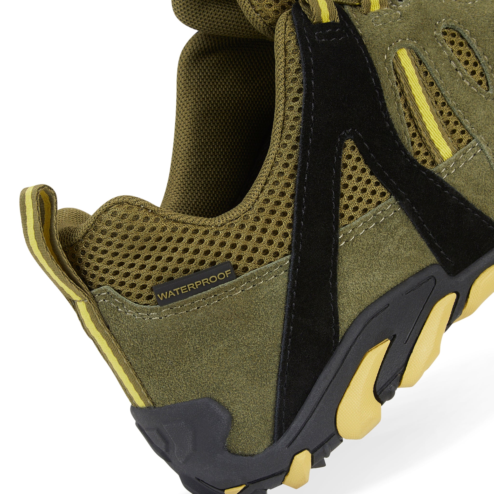 Rear view of GLYDER Ranger Green suede leather walking shoes showing padded heel support and waterproof construction for all-day comfort.