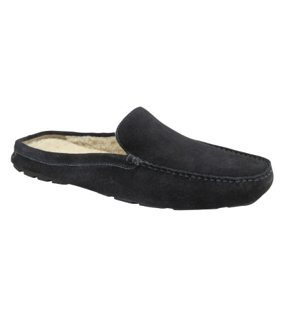 Men's Suede Leather Fleece Loafer Slide Slippers - #colour_navy