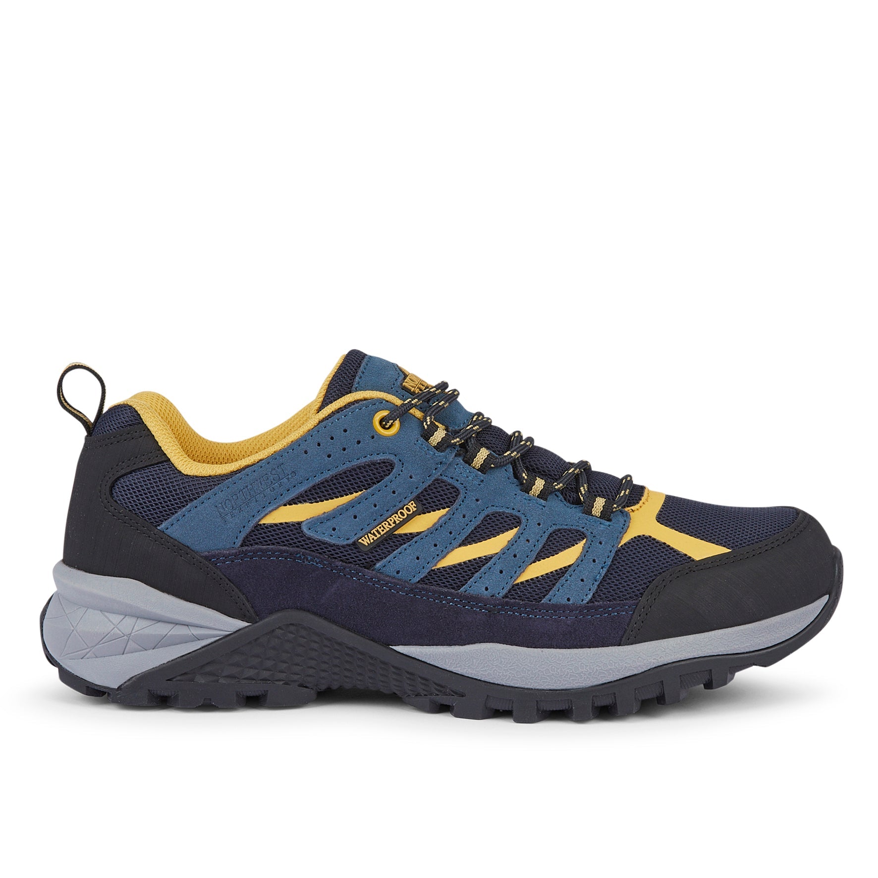 Side profile of RANGER Navy men's suede leather waterproof walking shoes highlighting premium suede leather, waterproof construction and lightweight outdoor design.