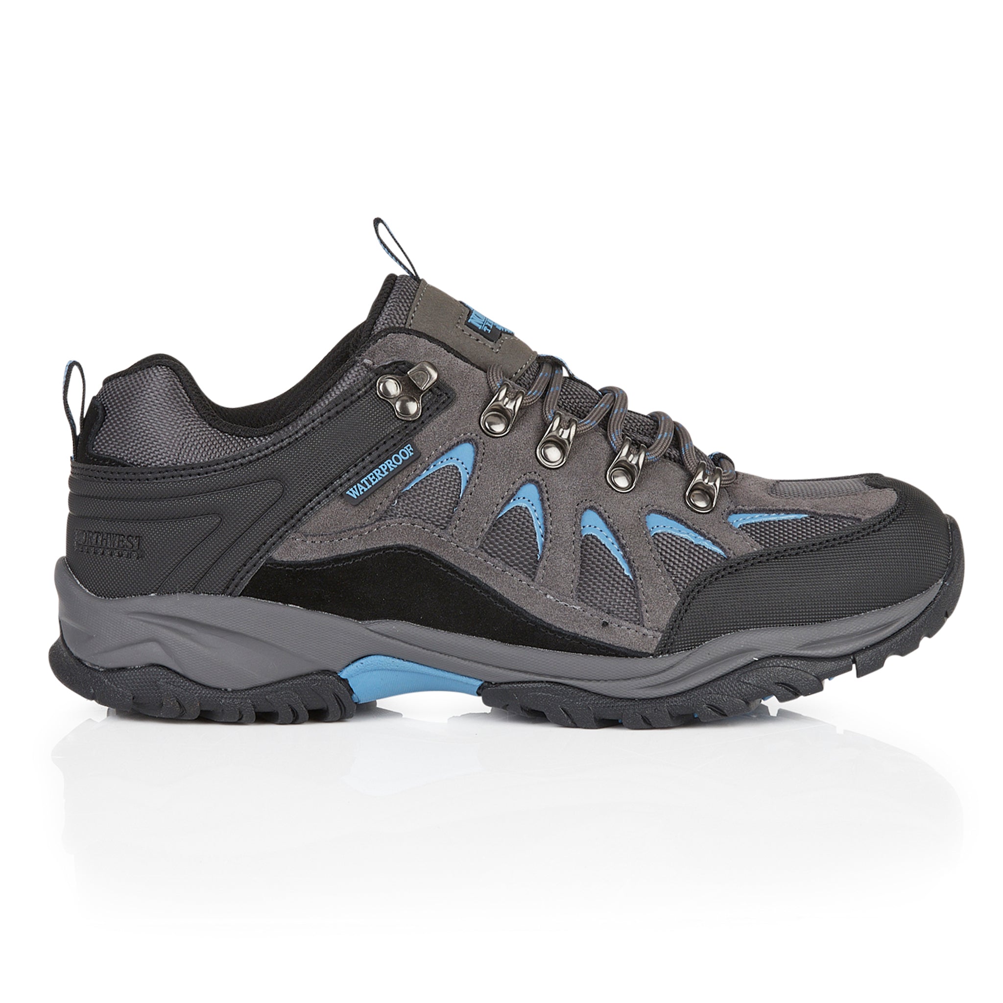 Side profile of Steen men's suede leather waterproof walking shoes showing lightweight outdoor design and waterproof construction.