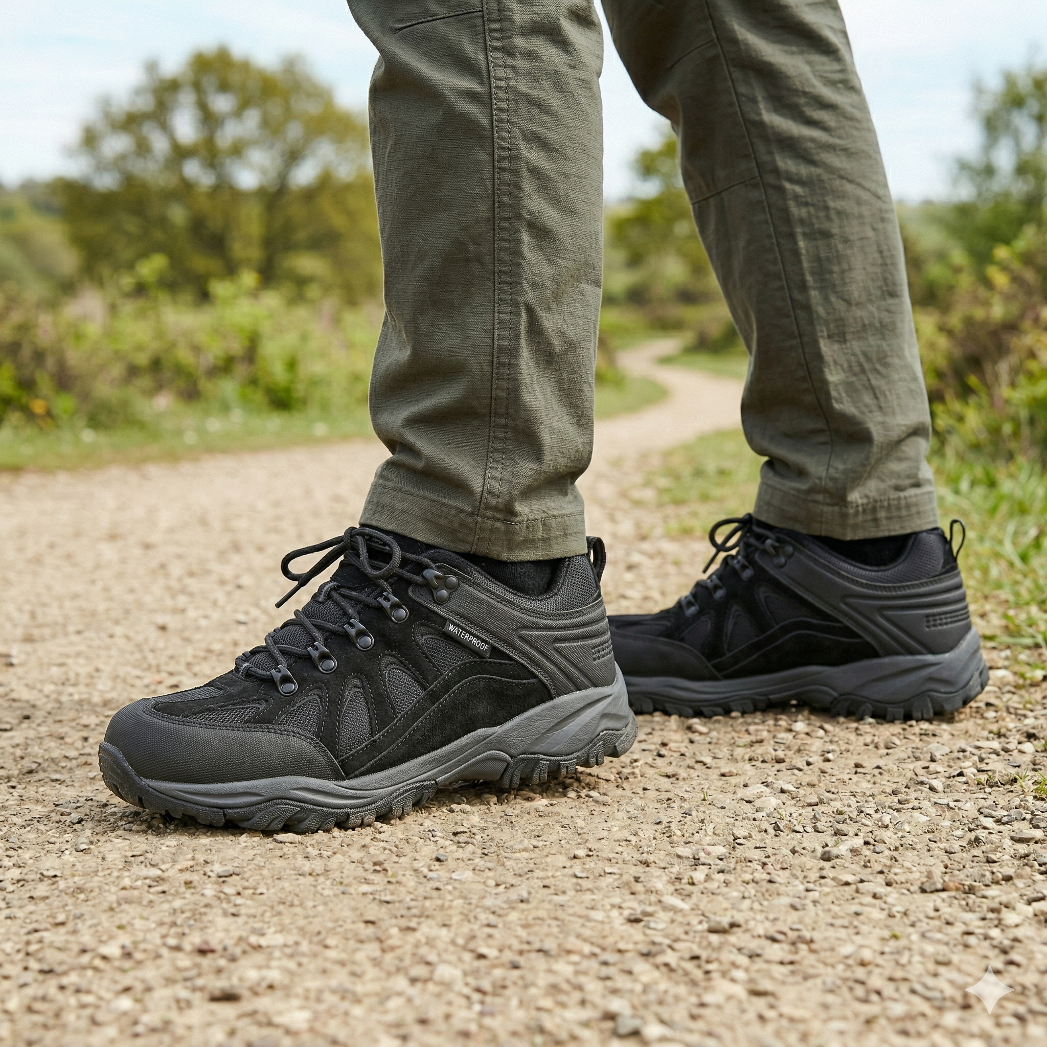 Man wearing Steen men's black suede leather waterproof walking shoes on a hiking trail
