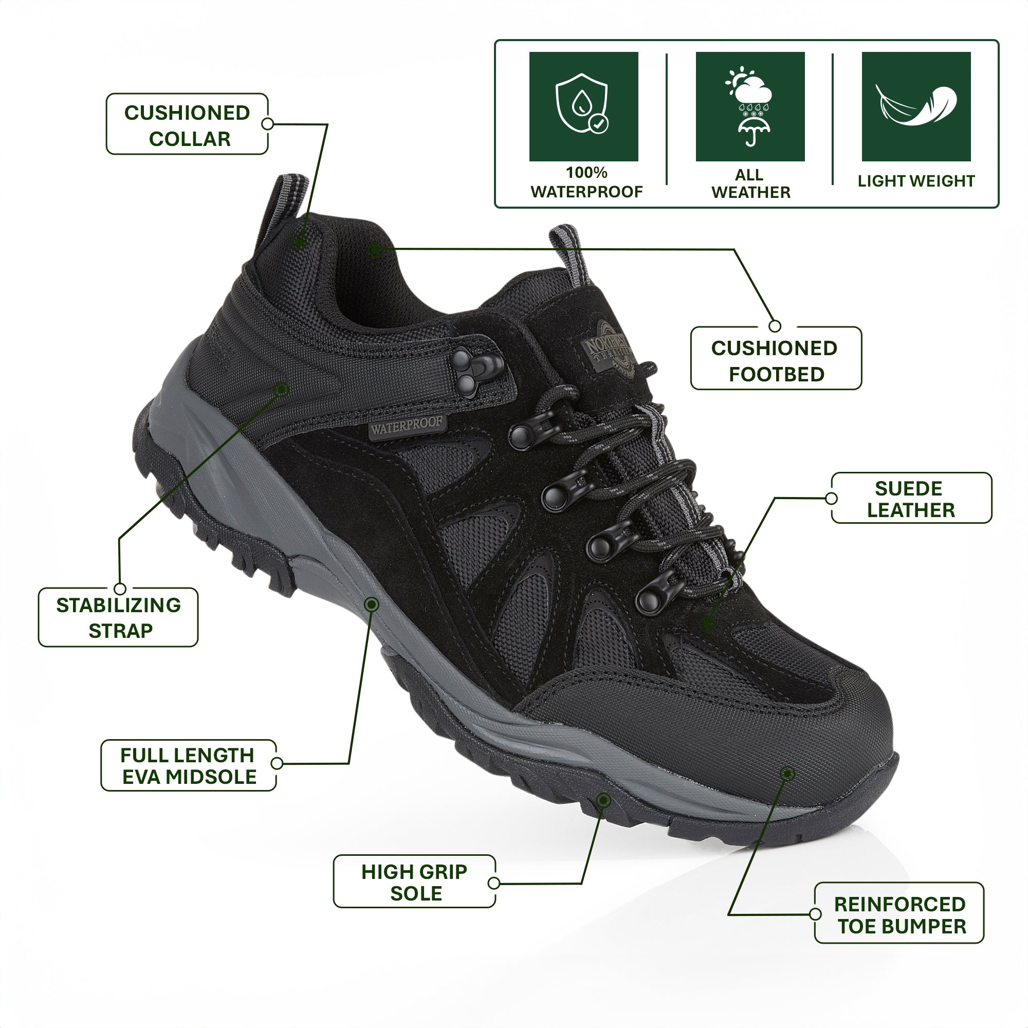 Angled view of Steen men's black suede leather hiking shoes