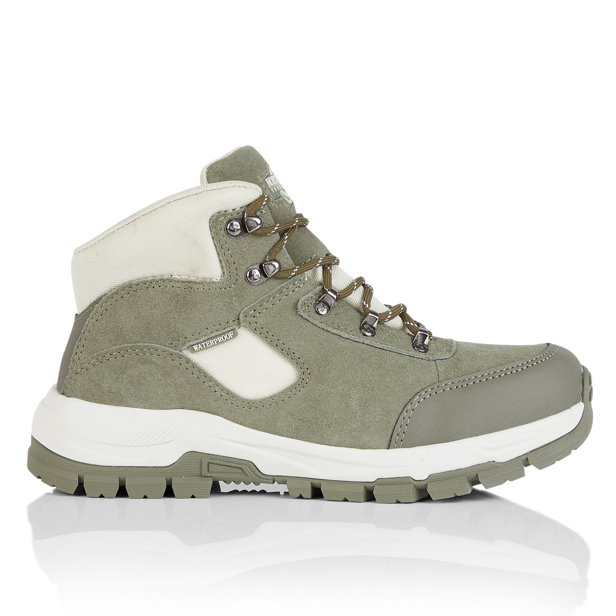 Side view of Storm women's waterproof walking boots in sage with durable grip and supportive design