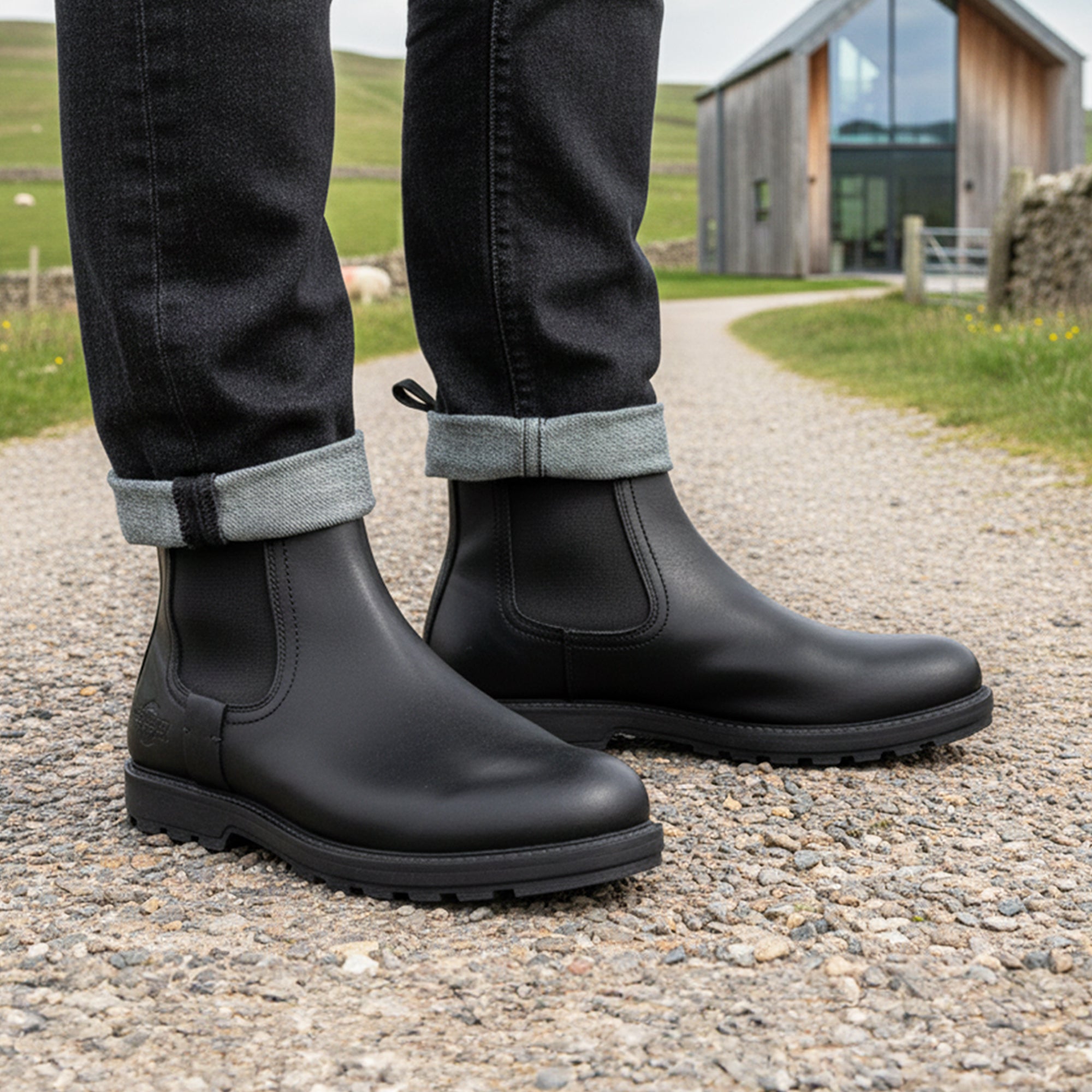 Person wearing black rubber boots on a gravel path with a rural background