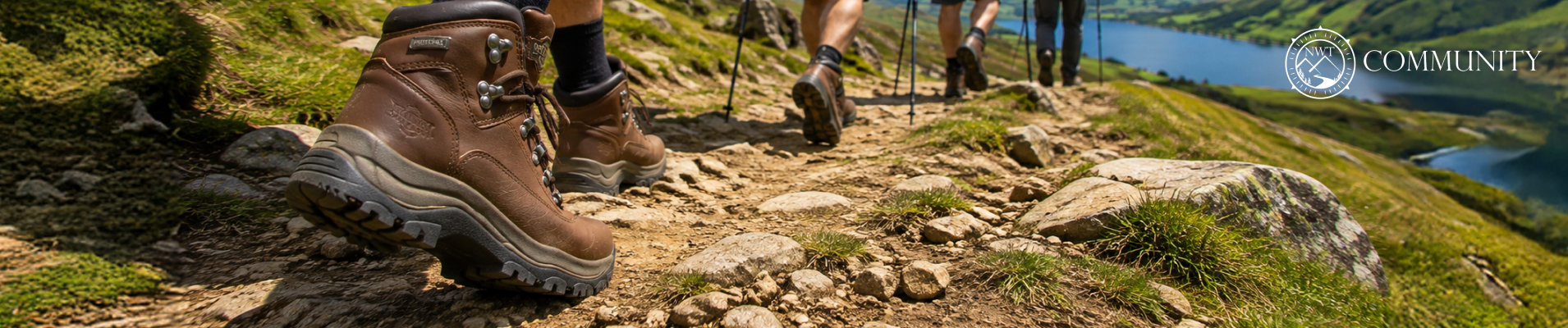 Flat lay of beginner hiking essentials including walking boots, backpack, waterproof jacket, water bottle and map.
