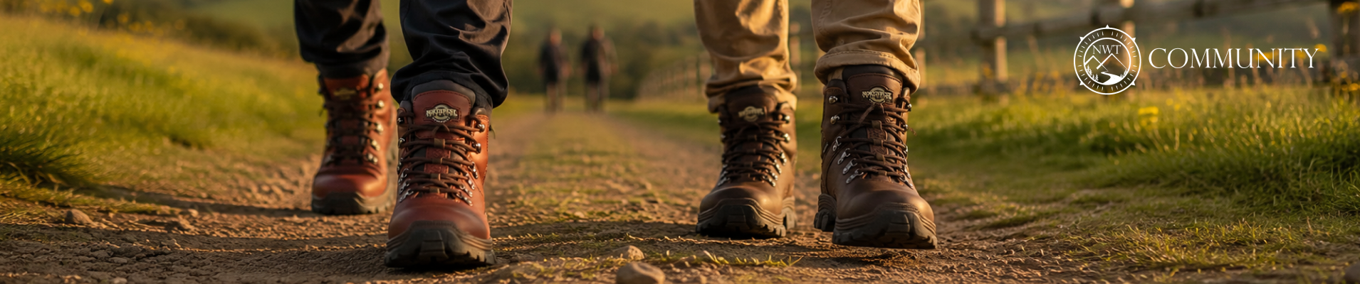 Man wearing Northwest Territory waterproof leather walking boots on a countryside trail during golden hour