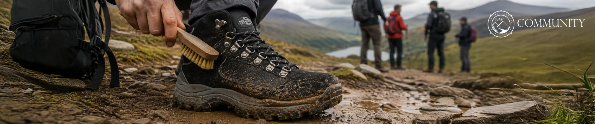 Muddy leather walking boots being cleaned after a countryside walk as part of regular walking boot care and maintenance.