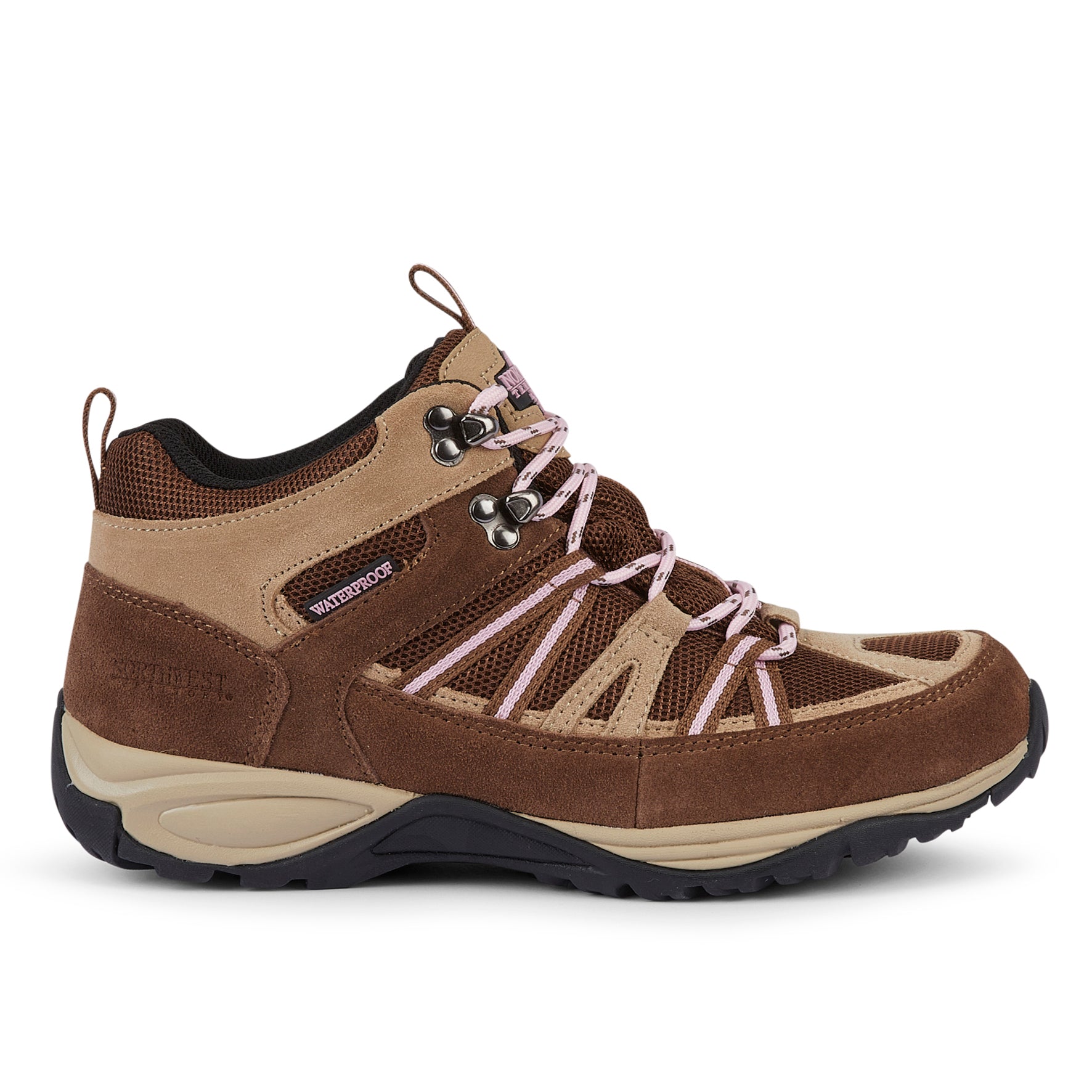 Side view of BROCK Brown women's waterproof walking boots showing the suede leather upper, supportive heel and rugged sole.