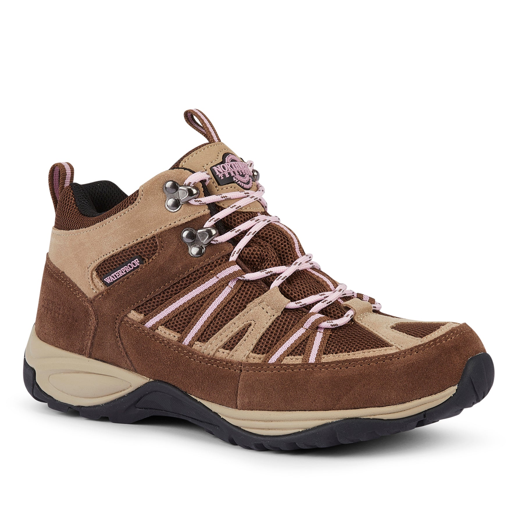 BROCK Brown women's suede leather waterproof walking boots with supportive heel construction and a durable outdoor sole.