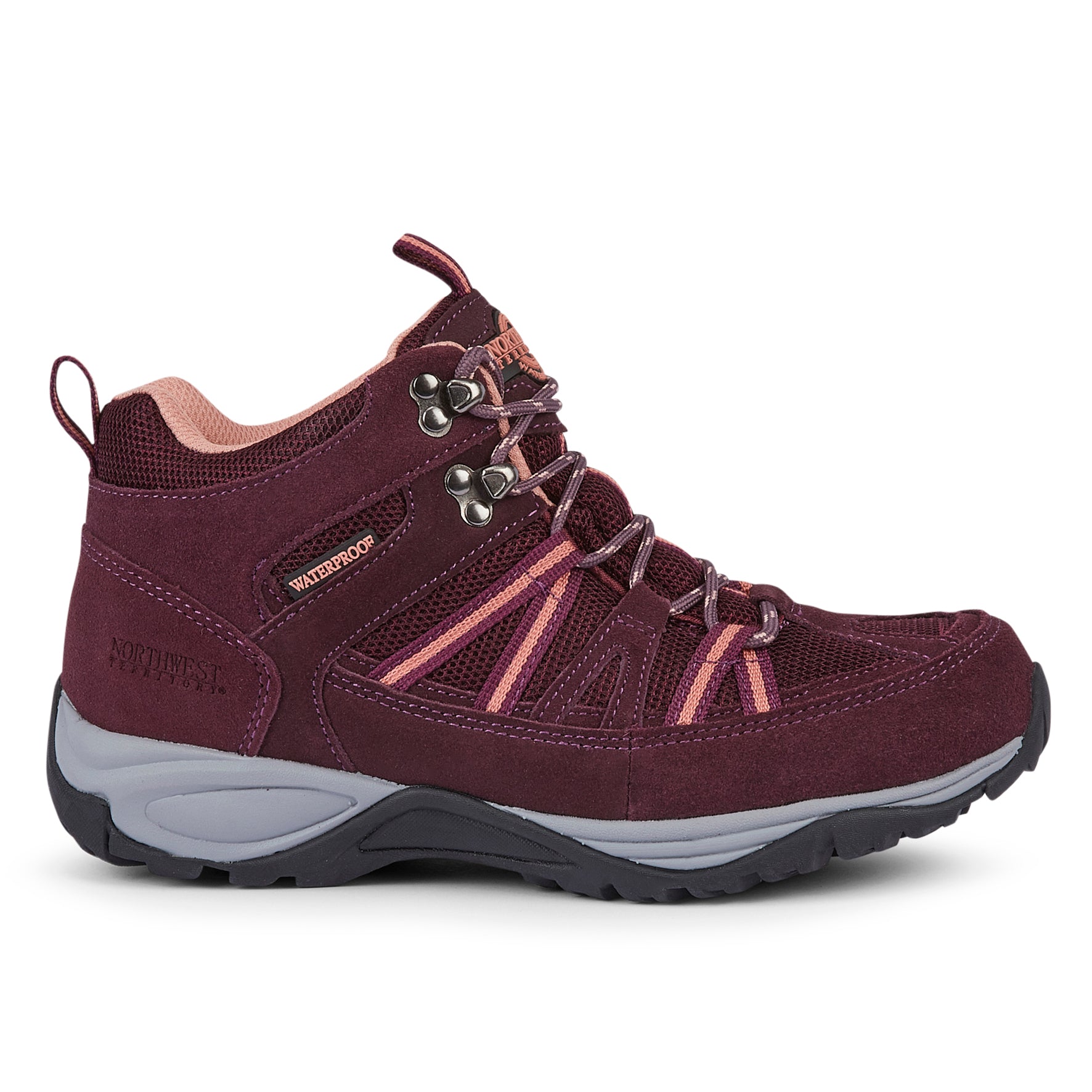 Side view of BROCK Purple women's waterproof walking boots showing the suede leather upper, supportive heel and outdoor sole.