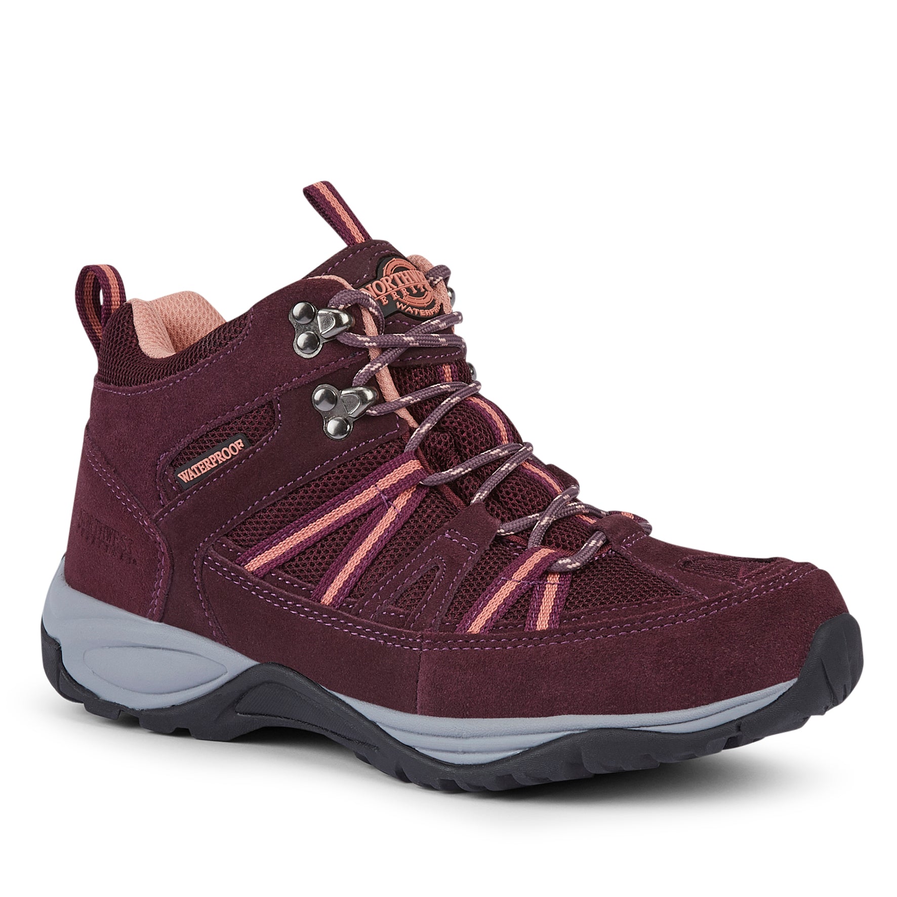 BROCK Purple women's suede leather waterproof walking boots with supportive heel construction and durable outdoor sole.