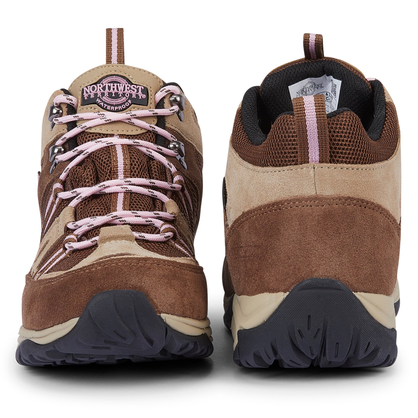 Front and back views of BROCK Brown women's waterproof walking boots showing secure lacing, padded heel and suede construction.