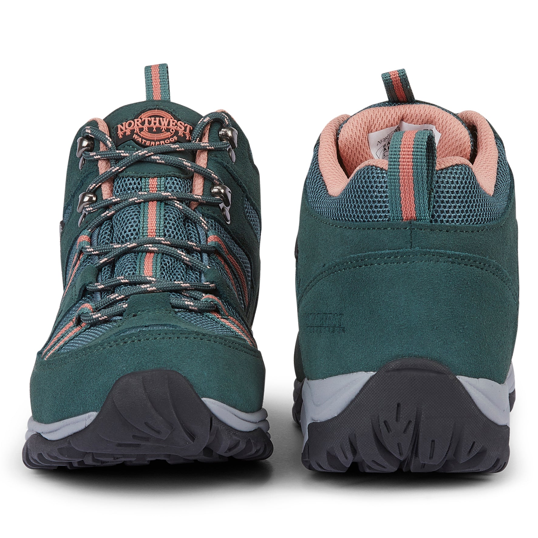Front and back views of BROCK Turquoise women's waterproof walking boots showing secure lacing, padded heel and suede upper.