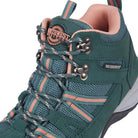 A close-up of a Northwest Waterproof hiking boot in dark teal green with coral pink accents and silver metal eyelets, shown on a white background.