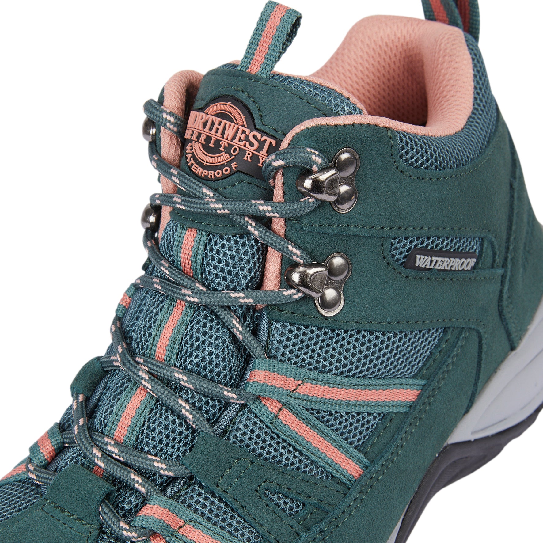 A close-up of a Northwest Waterproof hiking boot in dark teal green with coral pink accents and silver metal eyelets, shown on a white background.