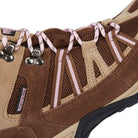 Detail of BROCK Brown women's walking boots highlighting the waterproof construction and premium suede leather upper