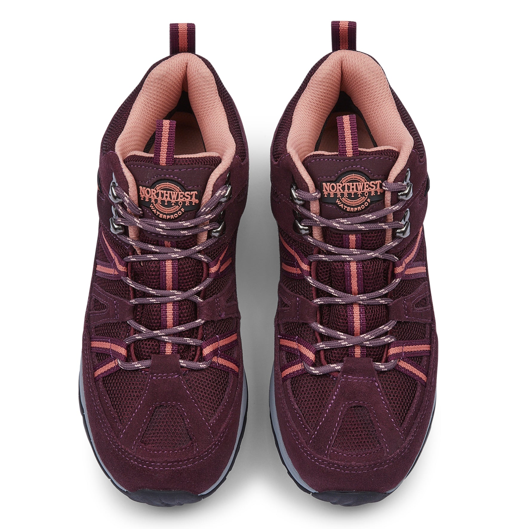Front view of BROCK Purple women's waterproof walking boots showing the suede leather upper, secure lacing and padded collar.