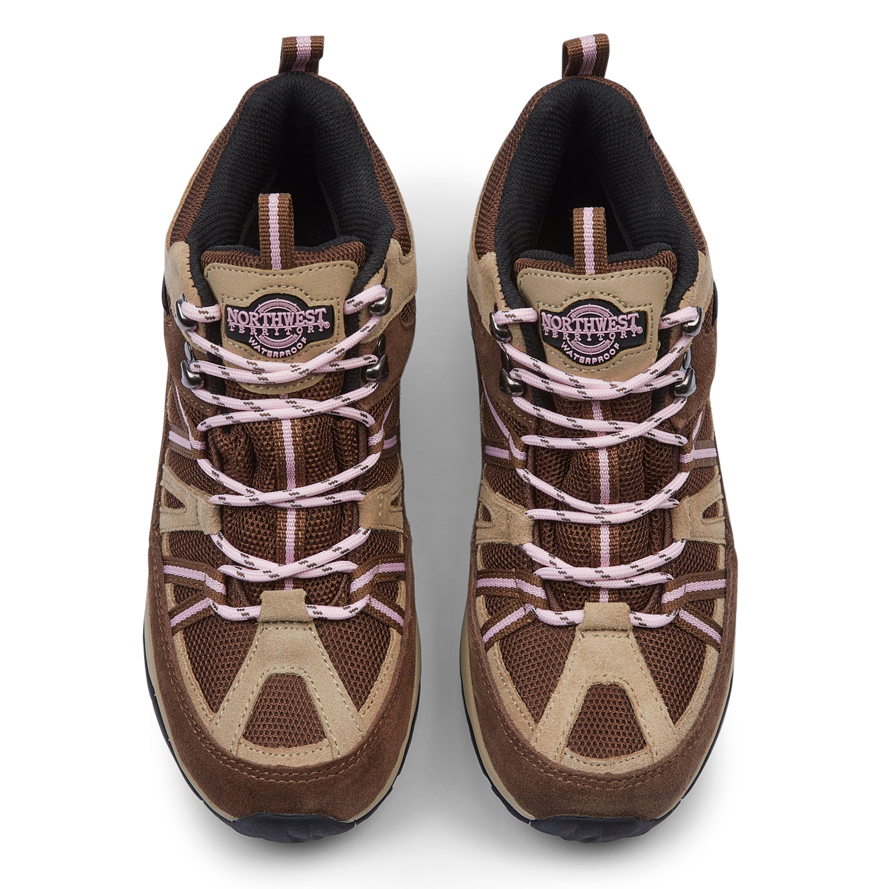 Front view of BROCK Brown women's waterproof walking boots showing the suede leather upper, secure lacing and padded collar.