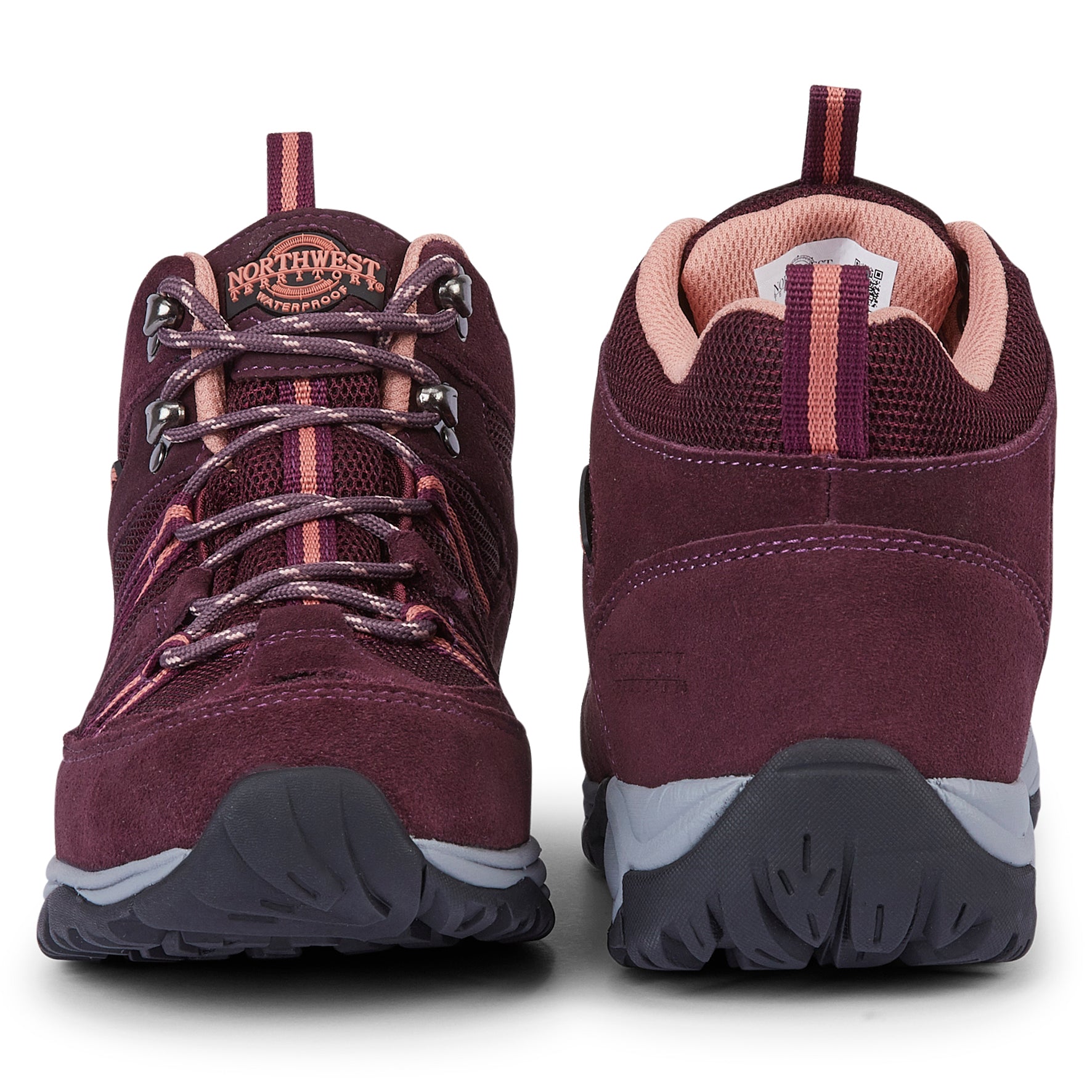 Front and back views of Brock Purple women's waterproof walking boots showing secure lacing, padded heel and suede construction.