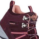 Detail of BROCK Purple women's walking boots highlighting the waterproof construction and suede leather upper.