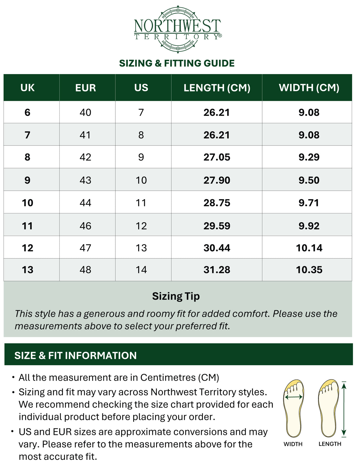CAMO Men's Vegan Waterproof Walking Boots - Camouflage Size Guide