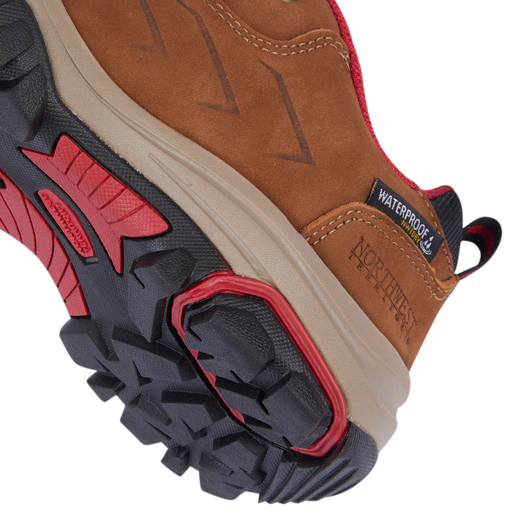 Detail of CHEVIOT Tan Nubuck walking shoes highlighting the premium leather upper and waterproof construction.
