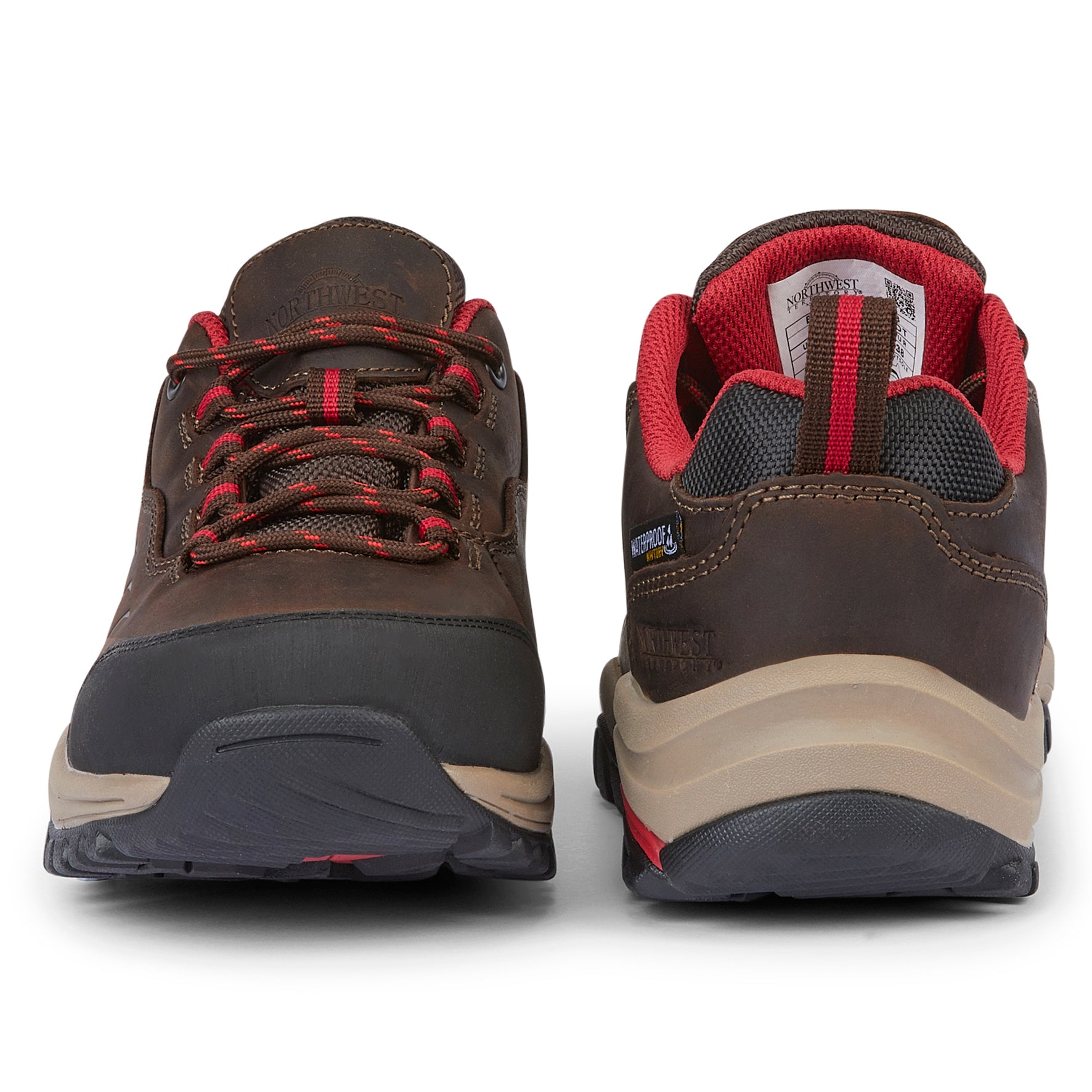Front and back views of CHEVIOT Waxy Brown waterproof walking shoes showing secure lacing, premium leather and padded heel support.
