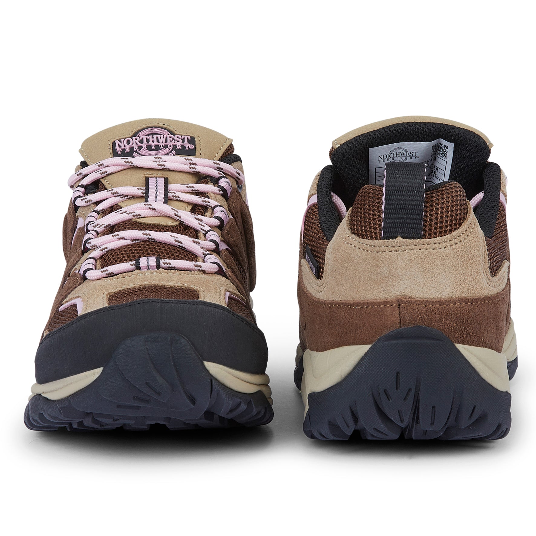 Front and back views of EDEN Brown women's waterproof walking shoes showing secure lacing, padded heel and suede leather upper.