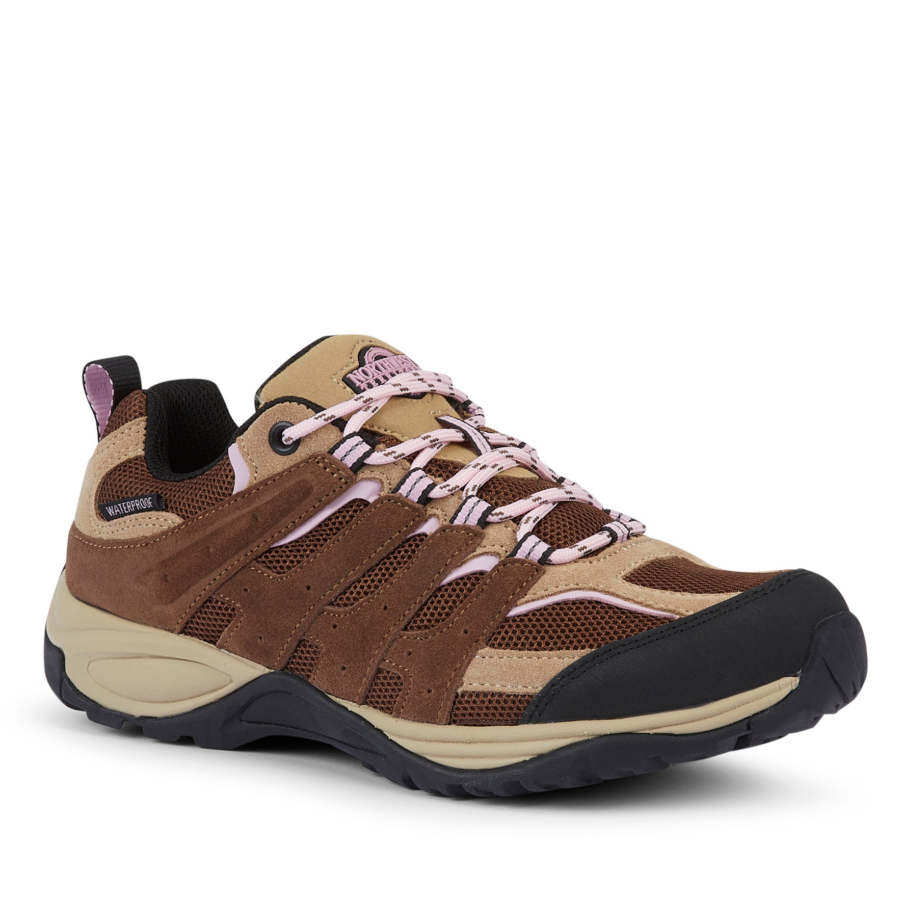 EDEN Brown women's suede leather waterproof walking shoes with cushioned heel support and a durable outdoor sole.
