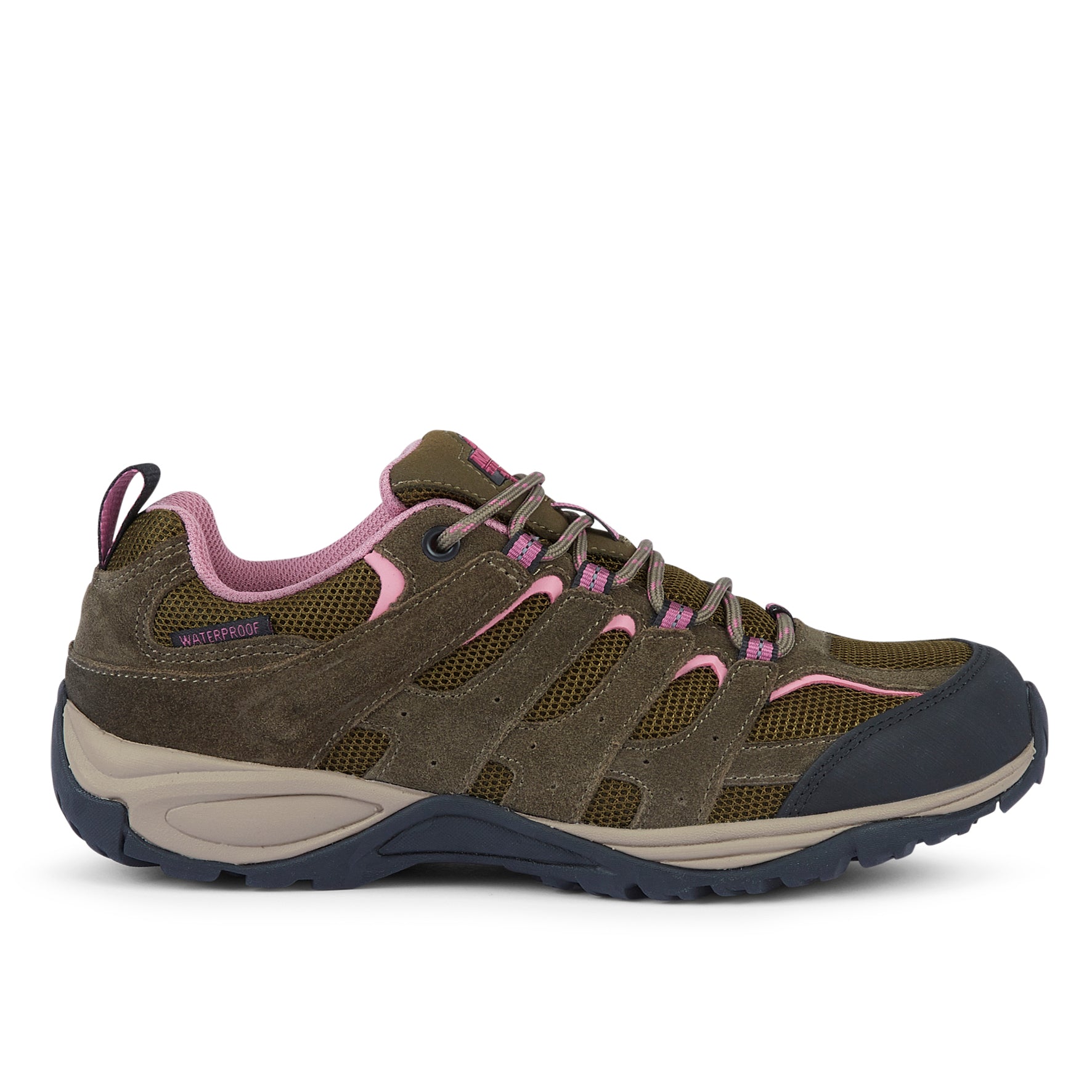 Close-up of EDEN Moss Green waterproof walking shoes highlighting the suede leather texture, stitching and durable construction.