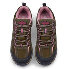 Front view of EDEN Moss Green women's waterproof walking shoes showing the suede leather upper, secure lacing and cushioned collar.