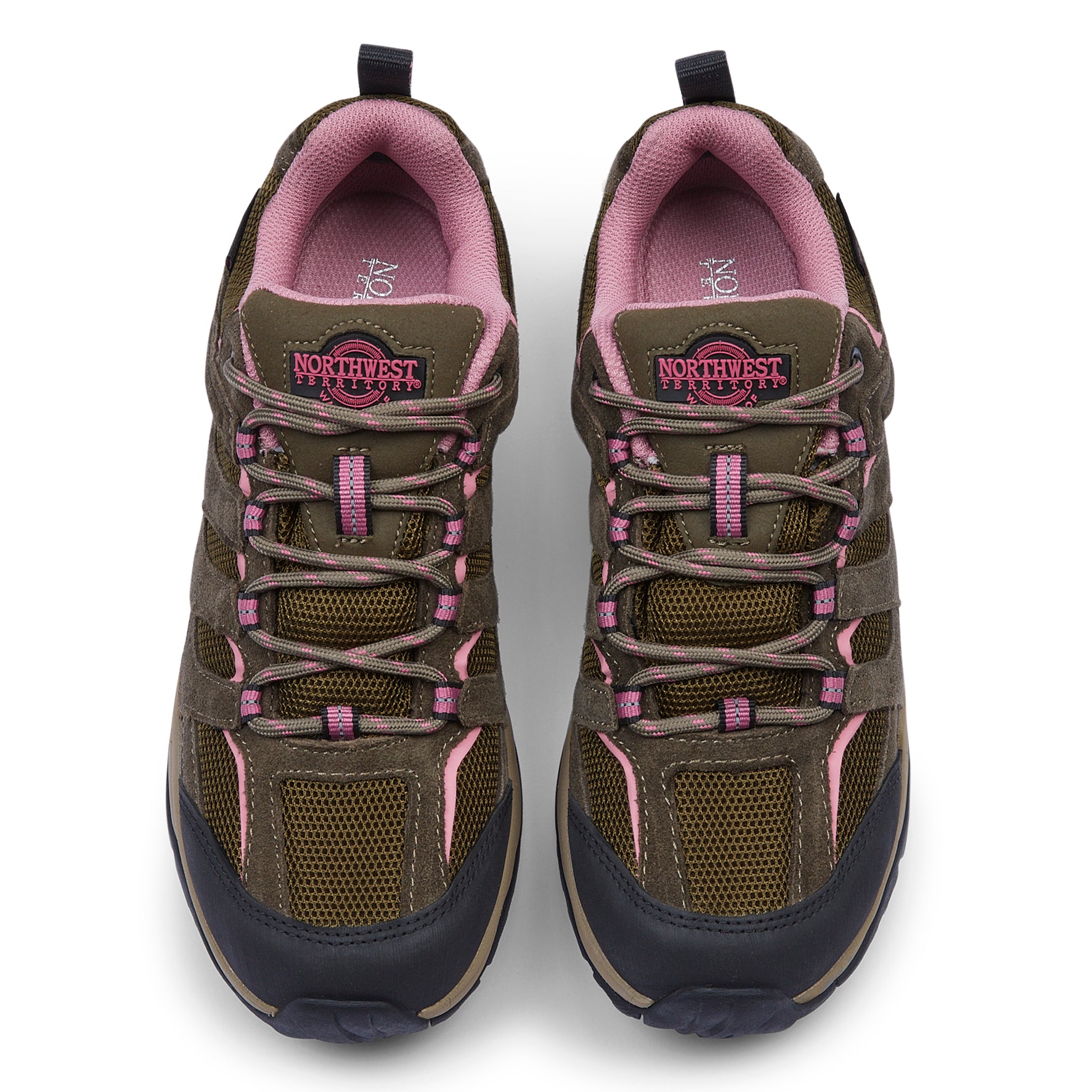 Front view of EDEN Moss Green women's waterproof walking shoes showing the suede leather upper, secure lacing and cushioned collar.