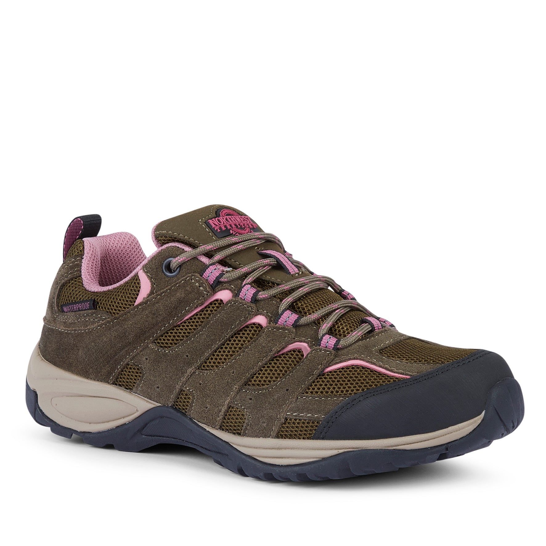 Side view of EDEN Moss Green women's waterproof walking shoes showing the suede leather upper, cushioned heel and supportive sole.