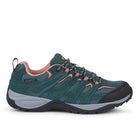 Close-up of EDEN Turquoise waterproof walking shoes showing the suede leather texture, stitching and durable construction.