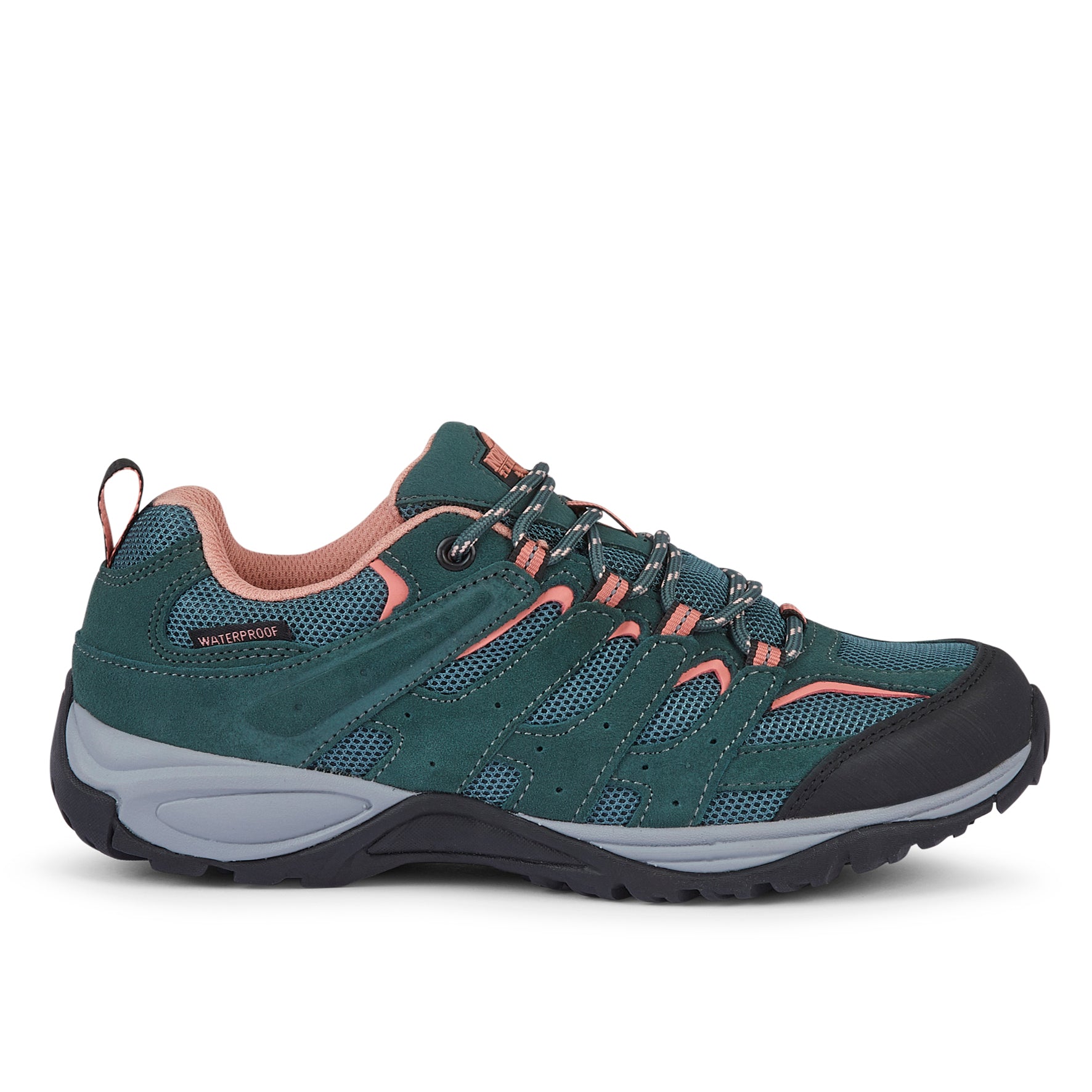 Close-up of EDEN Turquoise waterproof walking shoes showing the suede leather texture, stitching and durable construction.